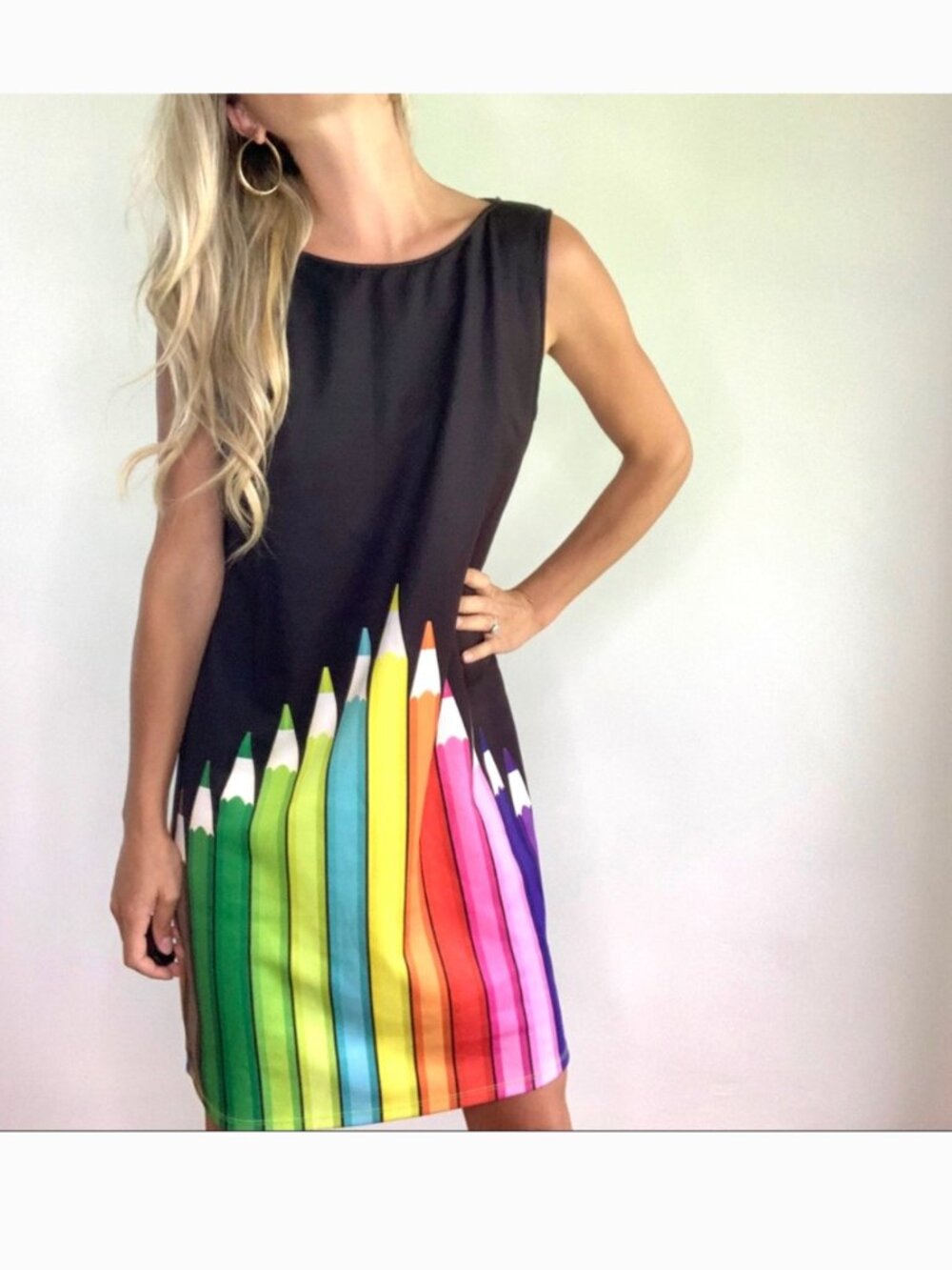 Pyramid Collection Colored Pencil Rainbow Print Dress Art Teacher Vintage Retro - Picture 4 of 5